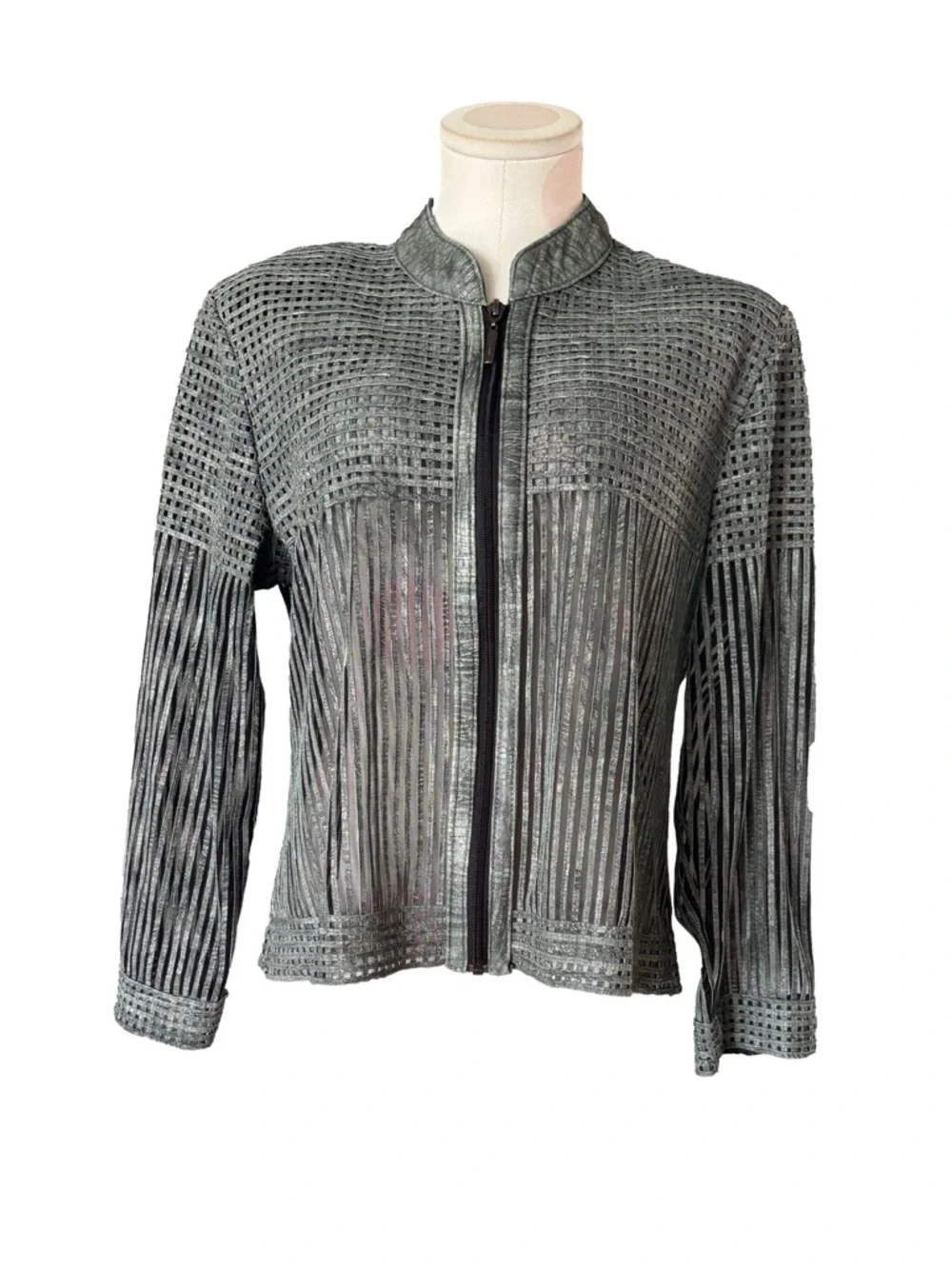 Edgy Avant-Garde Y2K Leather Sheer Jacket - Gray XL